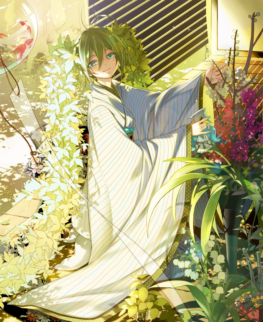 1girl bottle flower green_eyes green_hair hatsune_miku highres japanese_clothes leaf lily_of_the_valley nail_polish revision solo spray_bottle starpri vocaloid wind_chime