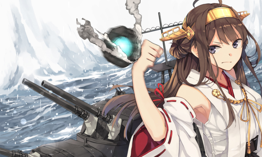 &gt;:| 1girl ahoge armpits blue_eyes brown_hair detached_sleeves double_bun hairband hao_(patinnko) highres japanese_clothes kantai_collection kongou_(kantai_collection) long_hair nontraditional_miko revision turret