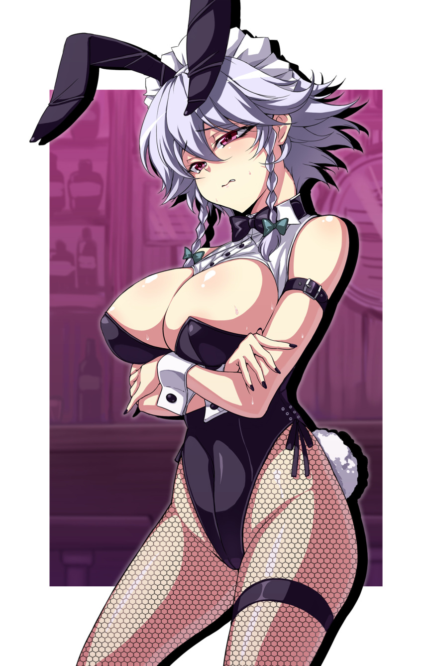 1girl alternate_costume animal_ears arm_strap bare_shoulders black_nails blush bowtie braid breasts bunny_girl bunny_tail bunnysuit cleavage covered_navel fishnet_pantyhose fishnets highres izayoi_sakuya large_breasts maid_headdress multiple_girls pantyhose rabbit_ears red_eyes short_hair silver_hair solo sweat tail thigh_strap touhou touya_(the-moon) twin_braids wrist_cuffs