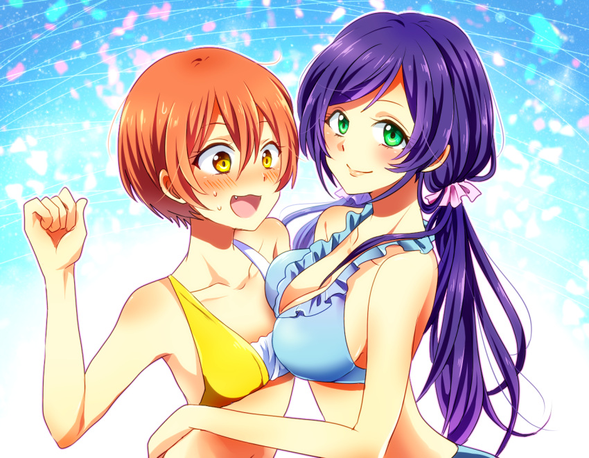 2girls :d aqua_eyes bare_shoulders blush breast_envy breast_rest breasts brown_eyes brown_hair clenched_hand collarbone fang hoshizora_rin large_breasts long_hair looking_at_viewer love_live!_school_idol_project multiple_girls nagura_ata open_mouth purple_hair short_hair smile sweatdrop toujou_nozomi twintails