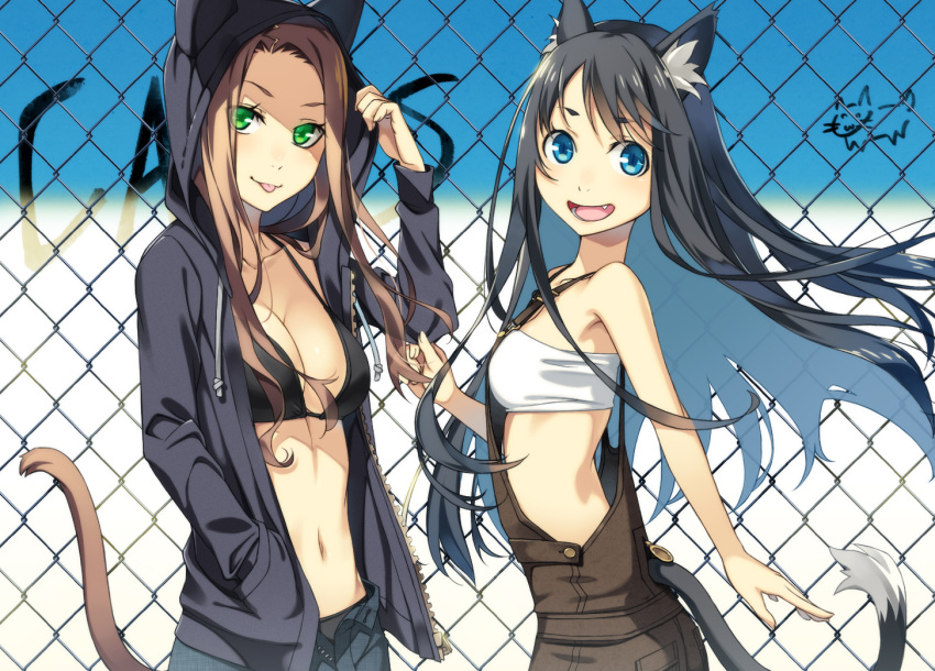 2girls animal_ears animal_hood black_hair blue_eyes breasts brown_hair cat_ears cat_tail cleavage fang green_eyes hood kimura_(ykimu) long_hair looking_at_viewer multiple_girls navel open_clothes open_mouth original small_breasts suspenders tail tongue tongue_out