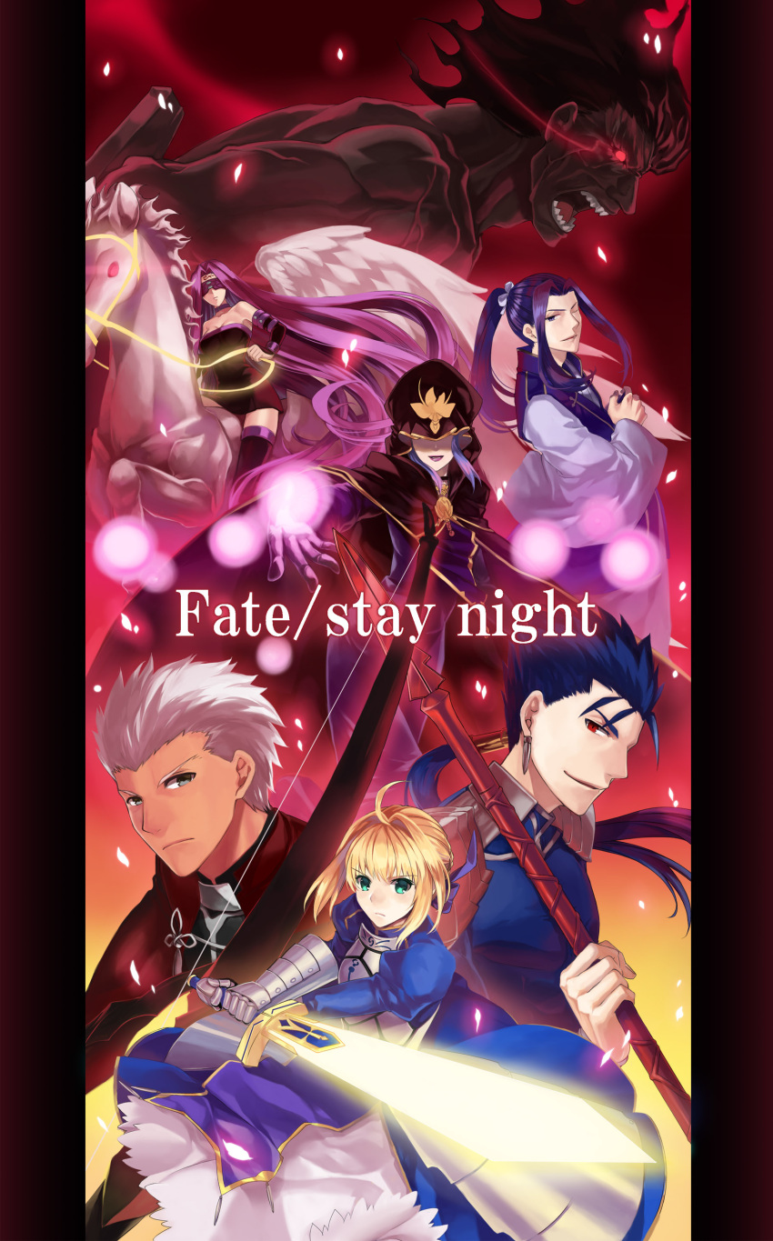 3girls 4boys absurdres archer assassin_(fate/stay_night) berserker bow_(weapon) caster excalibur fate/stay_night fate_(series) gae_bolg glowing glowing_sword glowing_weapon highres horse lancer multiple_boys multiple_girls pegasus polearm rider saber spear weapon ycco_(estrella)