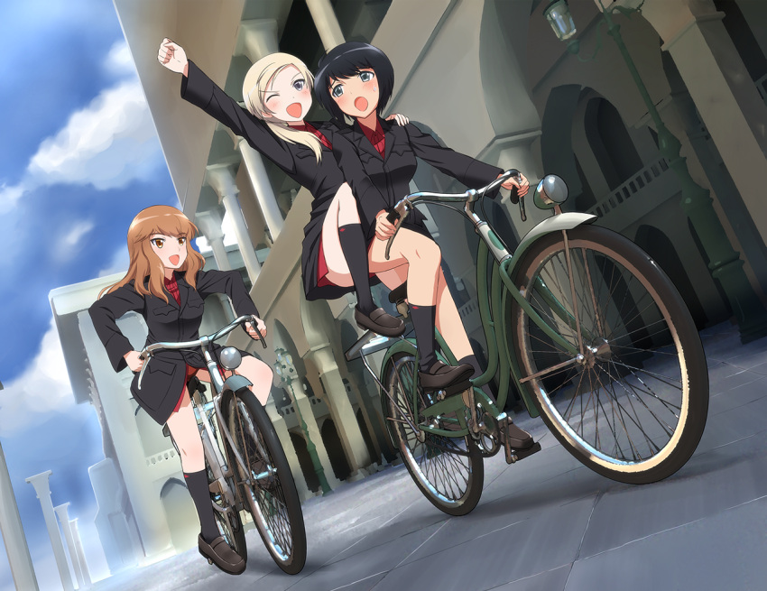 3girls :d ;d bicycle black_hair blonde_hair blush brown_eyes brown_hair building collared_shirt fernandia_malvezzi grey_eyes kaneko_(novram58) loafers long_hair looking_at_another luciana_mazzei martina_crespi military military_uniform multiple_girls one_eye_closed open_mouth panties ponytail red_panties revision riding shoes short_hair smile strike_witches sweatdrop underwear uniform violet_eyes