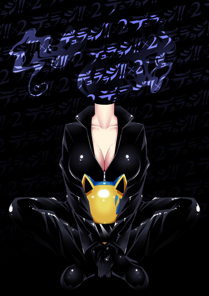 1girl absurdres animal_ears black_background bodysuit breasts cat_ears celty_sturluson cleavage dullahan durarara!! headless helmet highres indian_style mizutsuki_rei shiny shiny_clothes simple_background sitting solo