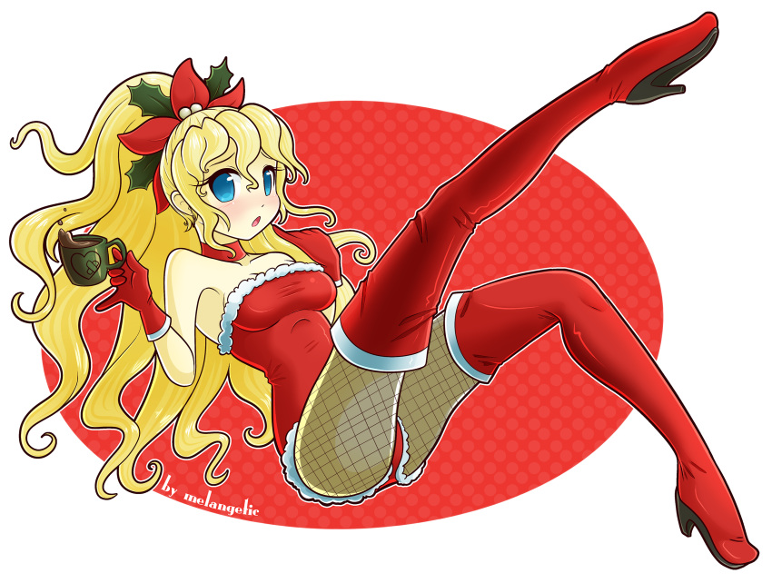 1girl alternate_costume alternate_hair_ornament artist_name bare_shoulders blonde_hair blue_eyes boots cup fishnet_pantyhose fishnets gloves hair_ornament high_heels highres katawa_shoujo leg_up long_hair long_legs melangetic open_mouth pantyhose pinky_out ponytail santa_costume satou_lilly solo thigh-highs thigh_boots transparent_background very_long_hair