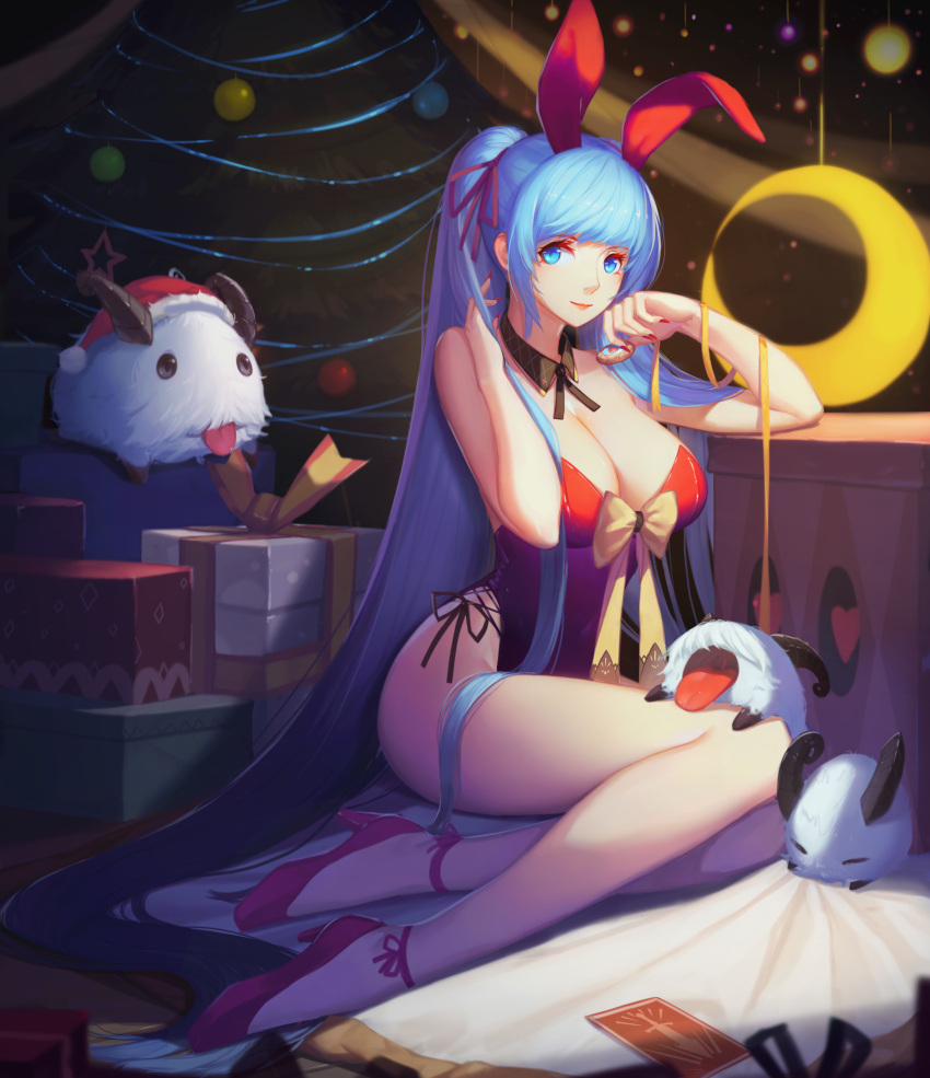 1girl absurdres animal_ears blue_eyes blue_hair breasts christmas cleavage crimson_k_night dress highres league_of_legends legs long_hair looking looking_at_viewer ponytail poro_(league_of_legends) rabbit_ears revision ribbon smile solo sona_buvelle thighs very_long_hair