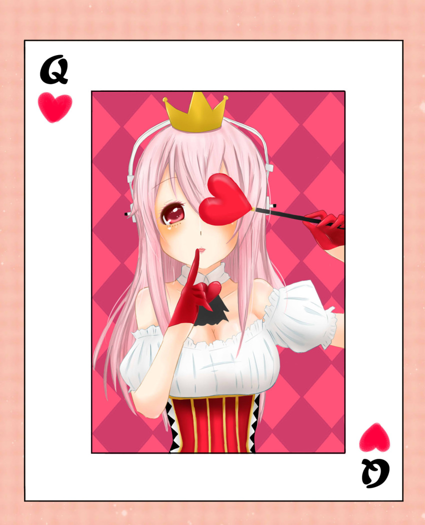 1girl alice_in_wonderland blush breasts card cleavage corset cosplay crown hat headphones highres large_breasts long_hair looking_at_viewer nitroplus open_mouth pink_hair playing_card queen_of_hearts queen_of_hearts_(cosplay) red_eyes solo super_sonico