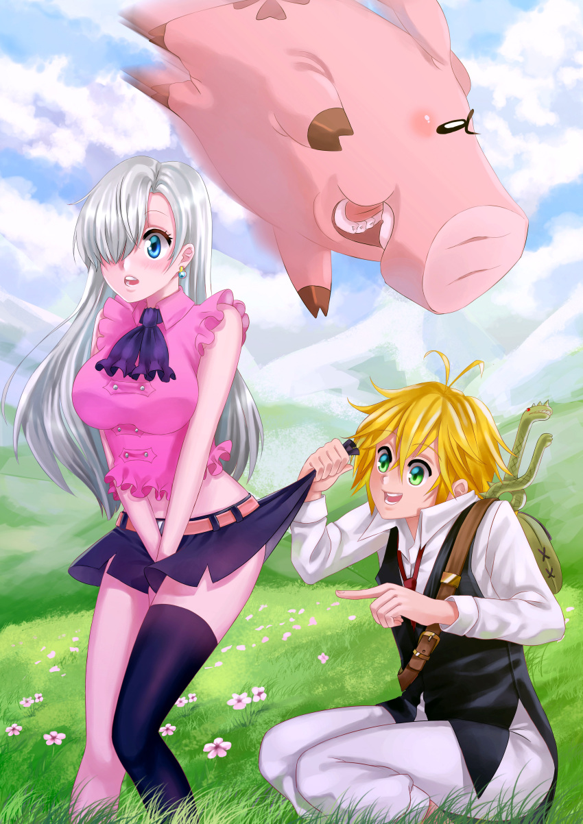 1boy 1girl absurdres blonde_hair blue_eyes blush breasts clouds cloudy_sky earrings elizabeth_liones grass green_eyes hair_over_one_eye hawk_(nanatsu_no_taizai) highres jewelry long_hair meliodas nanatsu_no_taizai outdoors pig pointing silver_hair single_thighhigh skirt skirt_lift sky thigh-highs yoneyu