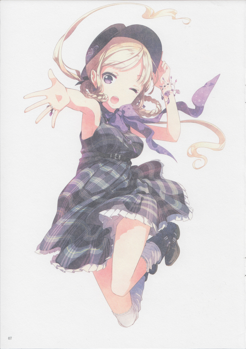 1girl absurdres blonde_hair boots bracelet braid dress h2so4 hat highres jewelry jumping neck_ribbon outstretched_hand ribbon ring socks solo tagme twin_braids violet_eyes