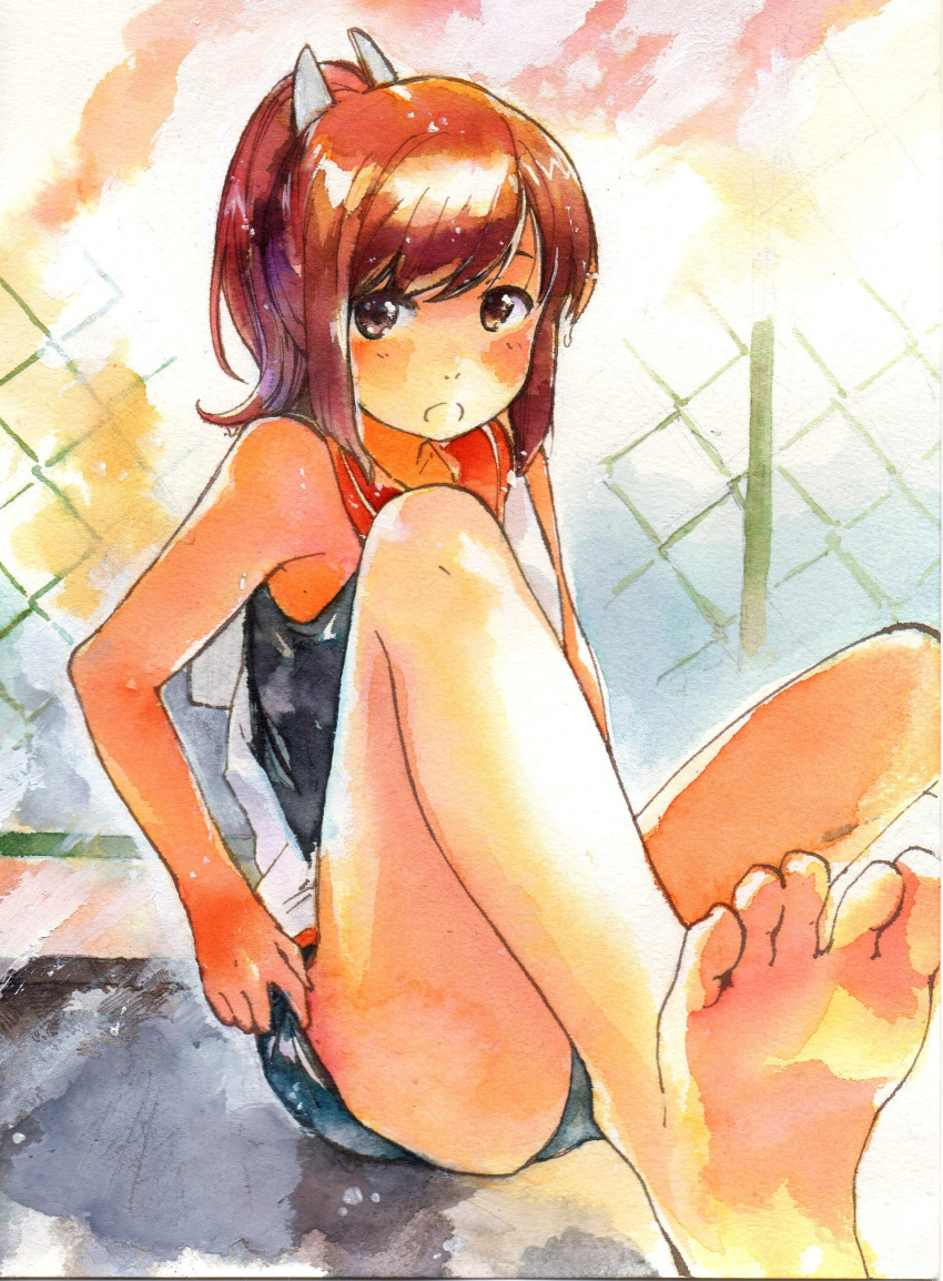 1044kiro 1girl absurdres bare_legs bare_shoulders brown_eyes brown_hair color_ink_(medium) dark_skin foreshortening hair_ornament high_ponytail highres i-401_(kantai_collection) kantai_collection looking_at_viewer open_mouth sailor_collar school_swimsuit sitting solo swimsuit swimsuit_under_clothes traditional_media