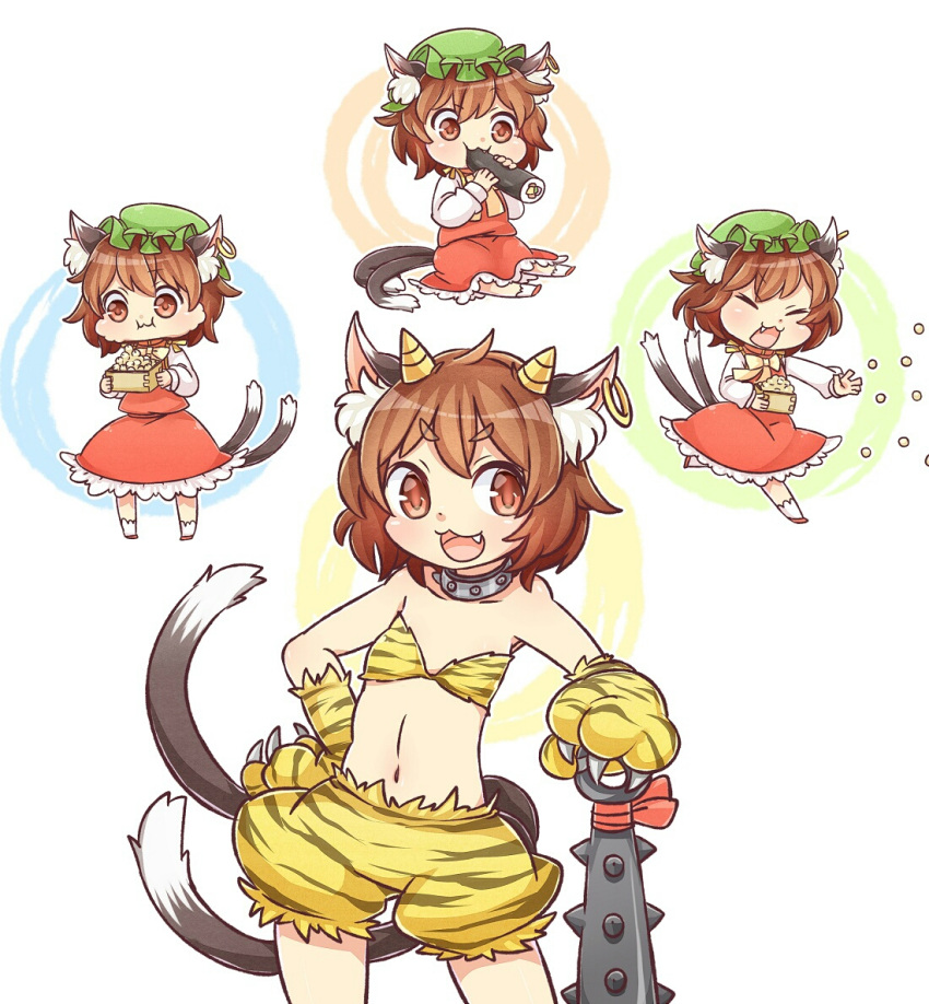:3 animal_ears bare_shoulders beans bikini_top bloomers brown_eyes brown_hair cat_ears cat_tail chen closed_eyes collar dress eating fake_horns fang gloves hand_on_hip ibarashiro_natou jewelry long_sleeves lum_(cosplay) metal_bat mob_cap multiple_tails navel oni_horns open_mouth paw_gloves red_dress setsubun shirt single_earring sitting smile tail throwing tiger_print touhou underwear