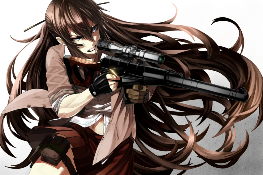 1girl blue_eyes brown_hair clenched_teeth fingerless_gloves gloves gun hair_ornament long_hair navel original rifle shell_casing sniper_rifle solo tef thigh_strap vss_vintorez weapon