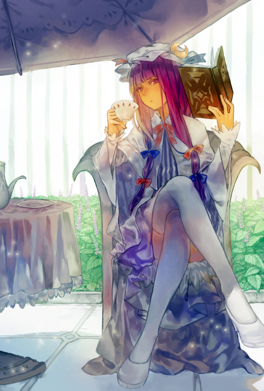 1girl :&lt; bangs blue_ribbon blunt_bangs book capelet cloak colored_eyelashes crossed_legs flower garden hair_ribbon hat highres holding long_hair long_sleeves looking_at_viewer mister_rhino_(wangzisama1001) mob_cap open_book parasol patchouli_knowledge plant plate purple_hair red_ribbon ribbon shade side_glance sitting solo table teapot thigh-highs touhou tress_ribbon umbrella violet_eyes white_legwear white_shoes zettai_ryouiki