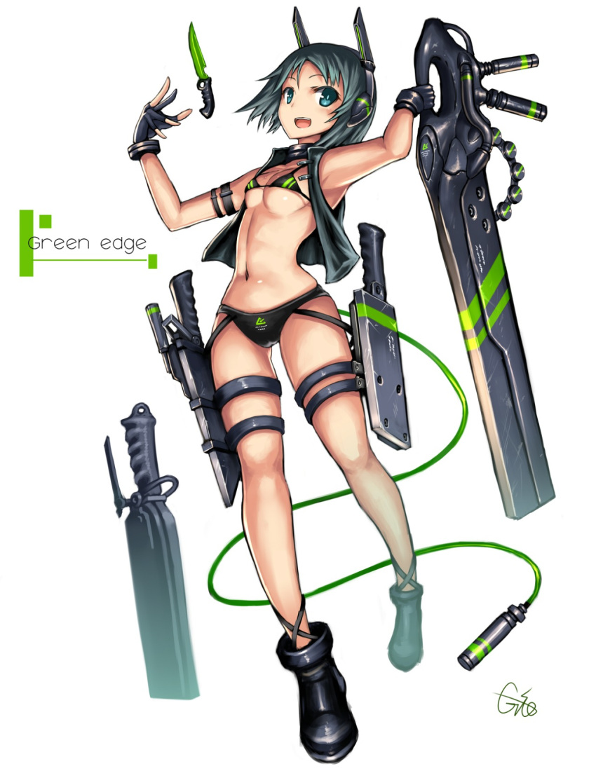 1girl bikini blue_eyes blue_hair fingerless_gloves gia gloves highres original short_hair solo swimsuit weapon