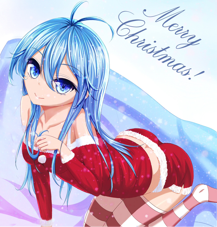 1girl ahoge blue_eyes blue_hair butt_crack christmas denpa_onna_to_seishun_otoko highres holding_hair long_hair looking_at_viewer midriff solo striped striped_legwear thigh-highs touwa_erio