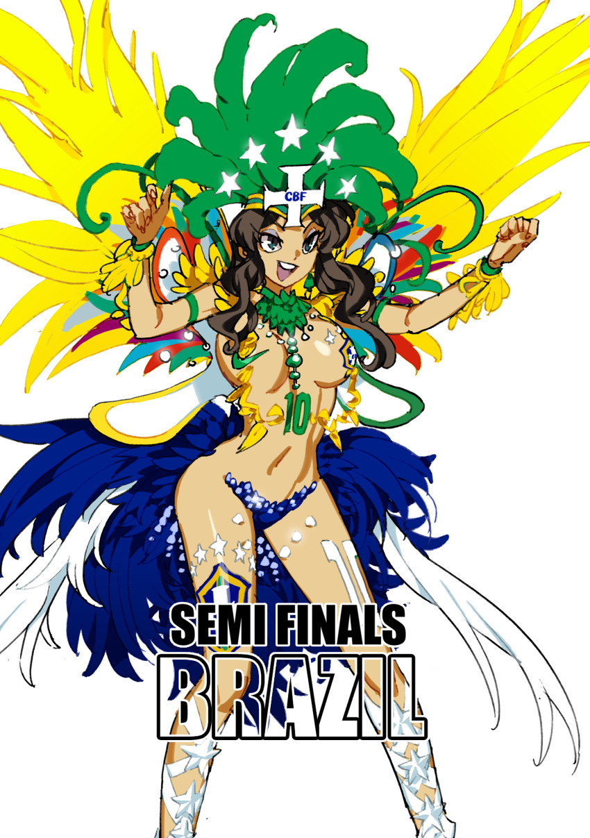 1girl 2014_fifa_world_cup absurdres black_hair blue_eyes brazil breasts daibajoujisan feathers highres jewelry long_hair navel open_mouth personification samba smile solo world_cup