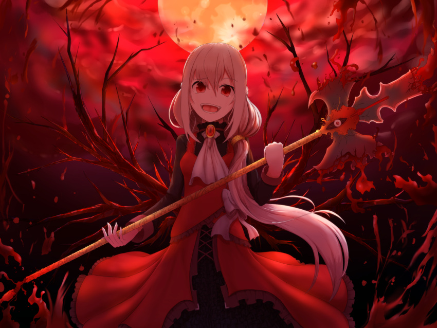 1girl blood fangs full_moon long_hair looking_at_viewer moon okina_(805197) open_mouth original polearm red_eyes solo vampire weapon white_hair