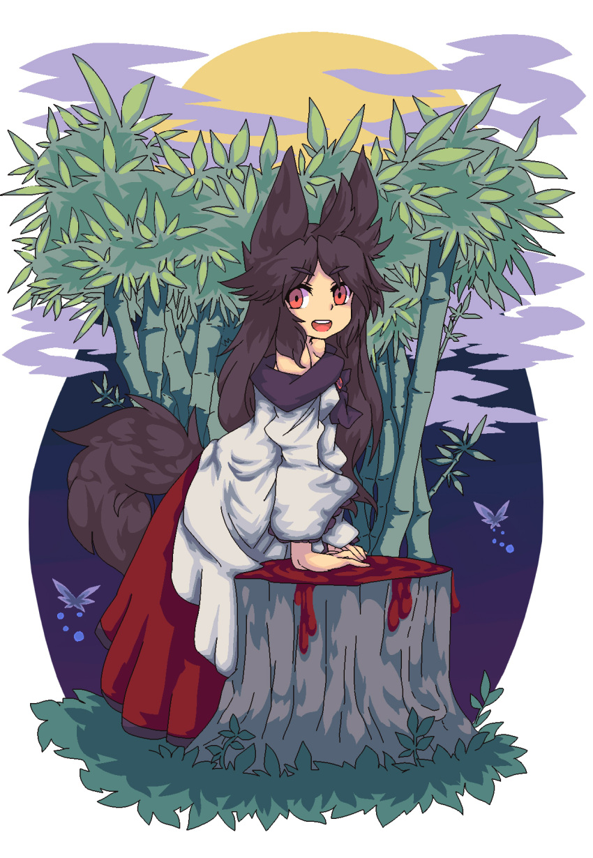 1girl :d animal_ears bamboo bamboo_forest bare_shoulders blood brown_hair clouds cloudy_sky dress forest full_body full_moon highres imaizumi_kagerou kero_sennin long_hair long_sleeves looking_at_viewer moon nature night night_sky open_mouth red_eyes sky smile solo stump tail touhou tree_stump wolf_ears wolf_tail