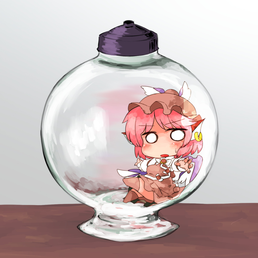 1girl bottle chibi commentary_request dress earrings hat highres in_bottle in_container ini_phm jewelry looking_at_viewer mystia_lorelei o_o pink_hair short_hair solo sweatdrop touhou