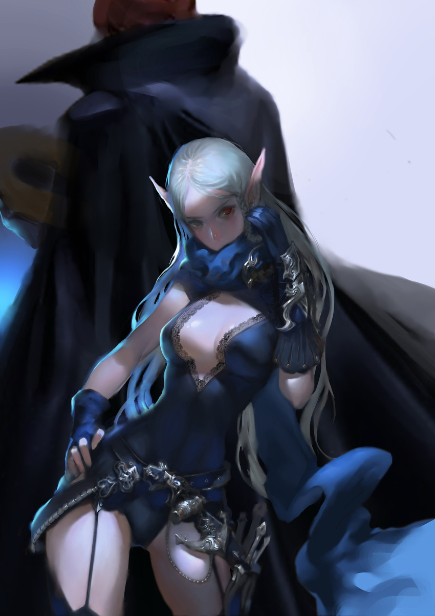 1girl blue_gloves bodysuit breasts coat eddy_huang_zheng fingerless_gloves garter_straps gloves heterochromia highres holster knife large_breasts long_hair looking_at_viewer one_piece original pointy_ears red_eyes silver_hair thigh-highs thigh_holster very_long_hair