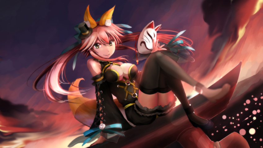 1girl animal_ears bare_shoulders black_legwear breasts caster_(fate/extra) cleavage detached_sleeves fate/extra fate/extra_ccc fate_(series) fox_ears fox_mask fox_tail grimjin hair_ribbon hat highres looking_at_viewer mask mini_top_hat pink_hair ribbon smile solo tail thigh-highs top_hat twintails yellow_eyes