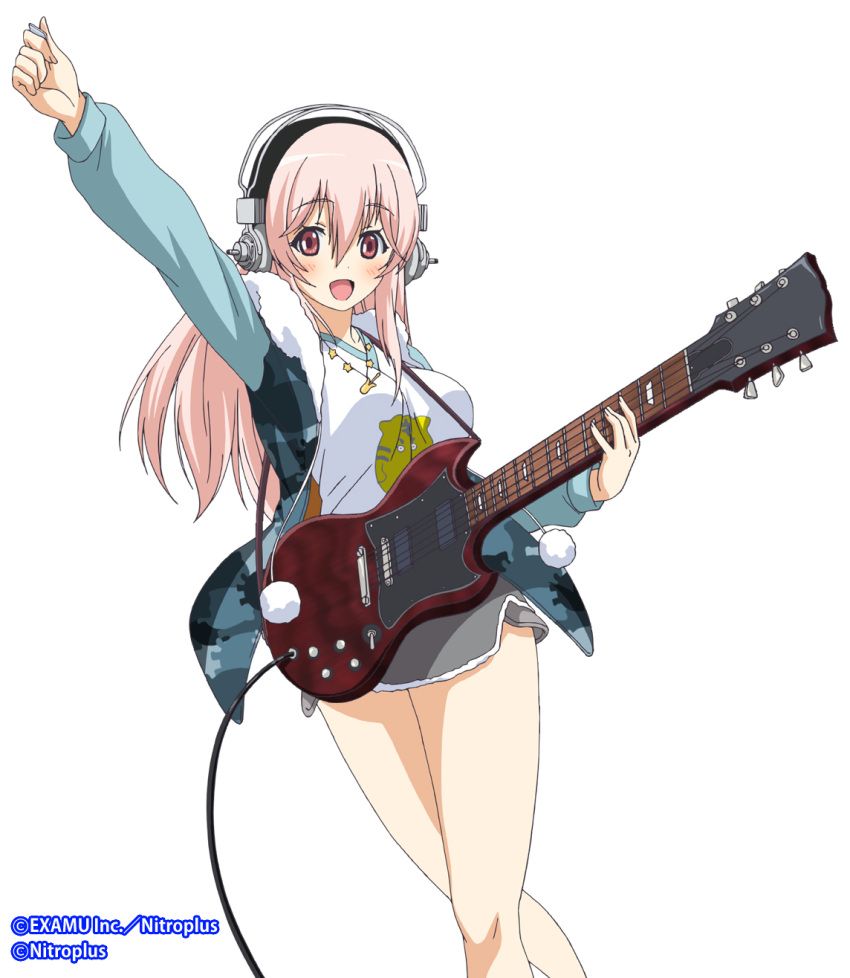 1girl blush breasts electric_guitar guitar headphones highres instrument large_breasts long_hair looking_at_viewer nitro+_blasterz nitroplus official_art open_mouth pink_eyes pink_hair pom_pom_(clothes) skirt smile solo super_sonico