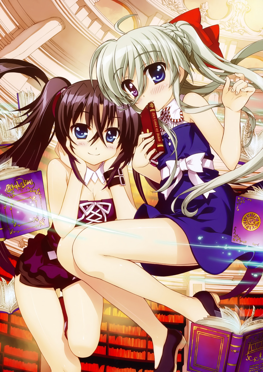 2girls absurdres black_hair blue_eyes blush book bookshelf detached_collar dress einhart_stratos floating floating_book fujima_takuya green_hair hair_ribbon heterochromia highres huge_filesize library long_hair lyrical_nanoha mahou_shoujo_lyrical_nanoha_vivid multiple_girls ribbon shorts sieglinde_jeremiah smile twintails very_long_hair violet_eyes wrist_straps