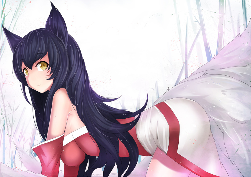 1girl ahri all_fours animal_ears blue_hair fox_ears fox_tail impossible_clothes korean_clothes league_of_legends long_hair looking_at_viewer multiple_tails outdoors slit_pupils smile tail whisker_markings xiaodi yellow_eyes