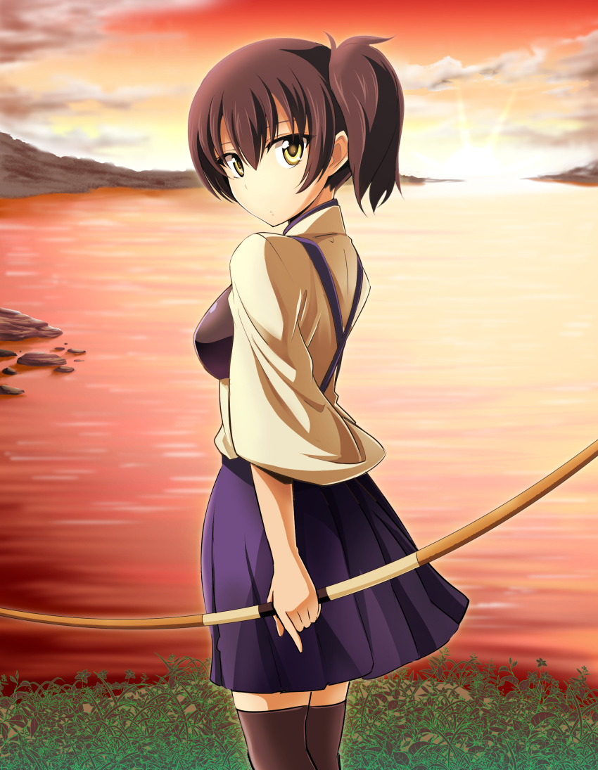 1girl absurdres bay black_legwear bow_(weapon) breasts brown_hair clouds cowboy_shot from_side grass hakama_skirt highres index_finger_raised japanese_clothes kaga_(kantai_collection) kantai_collection kayama_kenji looking_at_viewer looking_to_the_side muneate ocean orange_sky outdoors shoreline side_ponytail small_breasts solo sun sunset thigh-highs water weapon yellow_eyes zettai_ryouiki