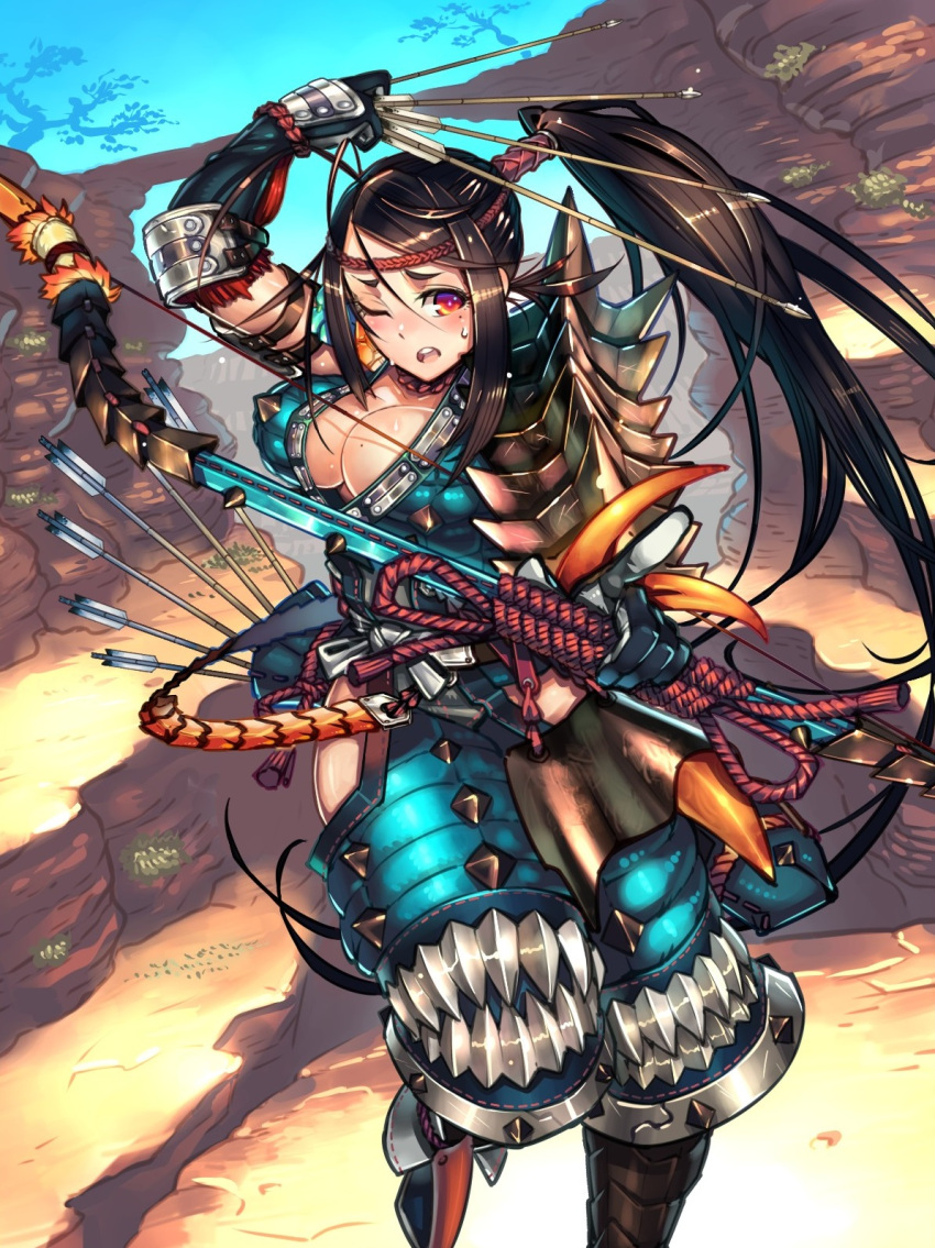 1girl armor highres monster_hunter solo weapon