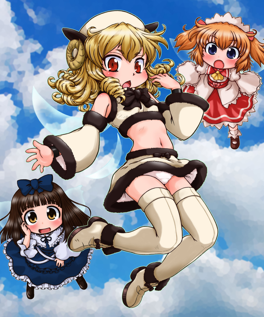 3girls adapted_costume animal_costume bangs blonde_hair blue_dress blue_eyes blunt_bangs brown_eyes brown_hair chestnut_mouth crop_top curly_hair detached_sleeves dress drill_hair fairy fairy_wings flying hair_ribbon highres horns long_hair looking_at_viewer luna_child midriff miniskirt multiple_girls open_mouth orange_hair panties red_eyes ribbon sheep_costume sheep_horns short_hair short_twintails skirt star_sapphire sunny_milk tachikawa thigh-highs touhou twintails underwear white_clothes white_panties wide_sleeves wings