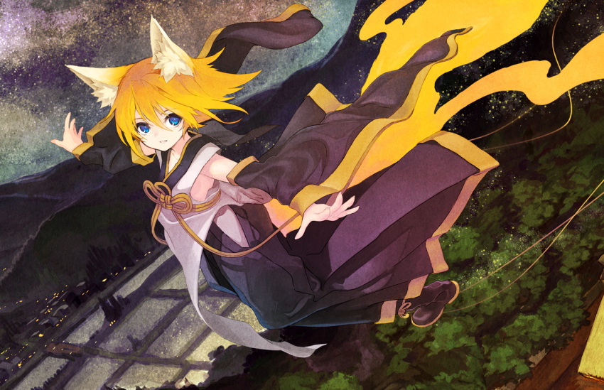 1girl album_cover animal_ears blonde_hair blue_eyes cover detached_sleeves dress flying_sweatdrops forest fox_ears fox_tail kitsune_(kazenouta) long_sleeves multiple_tails nature night original outstretched_arms purple_dress river sash sky solo star_(sky) starry_sky table tail town wide_sleeves