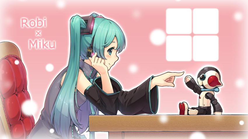 1girl chair character_name chin_rest detached_sleeves from_side gogatsu_no_renkyuu green_eyes green_hair hatsune_miku headphones highres long_hair necktie robot sitting table twintails vocaloid