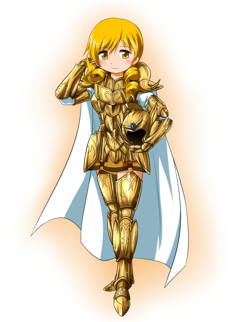 1girl aries_mu armor blonde_hair breastplate cape commentary_request drill_hair gauntlets greaves helmet highres hipporit mahou_shoujo_madoka_magica parody saint_seiya smile solo tomoe_mami twin_drills yellow_eyes