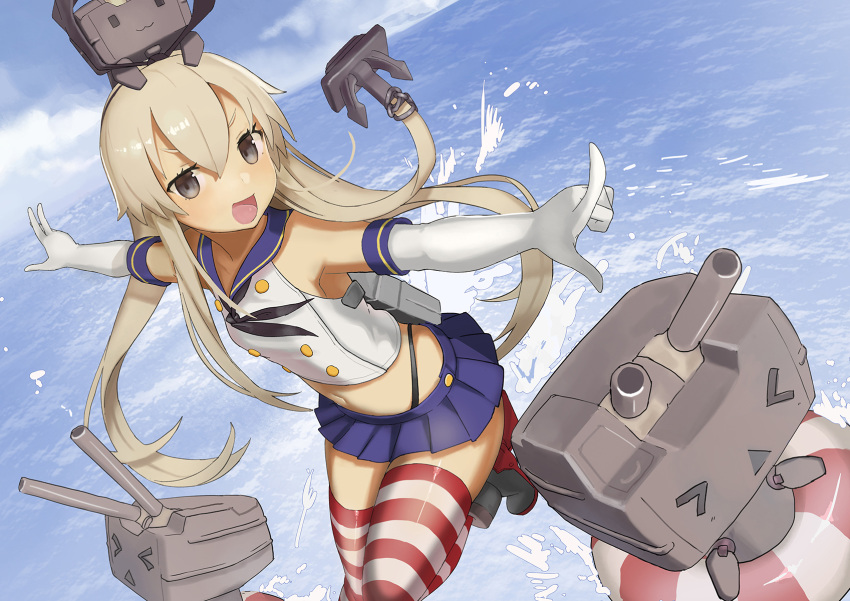 1girl :d anchor_hair_ornament bare_shoulders black_panties blonde_hair blue_skirt ccaw crop_top elbow_gloves gloves grey_eyes hairband highleg highleg_panties highres kantai_collection long_hair looking_at_viewer machinery microskirt midriff on_head one_leg_raised open_mouth panties pointing rensouhou-chan sailor_collar shimakaze_(kantai_collection) skirt smile striped striped_legwear thigh-highs underwear white_gloves