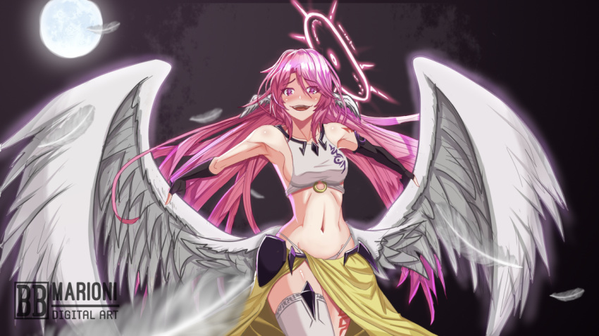 1girl artist_name halo jibril_(no_game_no_life) low_wings midriff no_game_no_life pink_hair pixiv solo wings