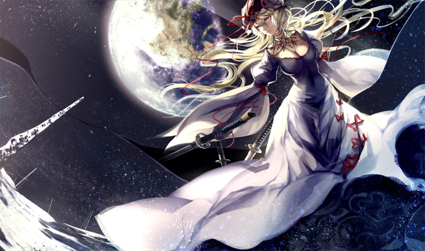 1girl amber_eyes blonde_hair breasts cleavage dress earth elbow_gloves epic gap gloves hat hat_ribbon juliet_sleeves katana large_breasts long_hair long_sleeves mob_cap multicolored_dress puffy_sleeves purple_dress purple_gloves ribbon skade solo space sword touhou very_long_hair weapon white_dress wide_sleeves yakumo_yukari