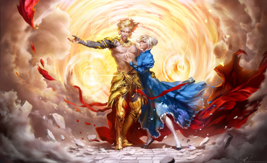1boy 1girl adapted_costume anastasia_bulgakova armor blonde_hair blue_dress clouds dress earrings fate/stay_night fate_(series) gate_of_babylon gilgamesh hair_bun highres jewelry necklace pantyhose realistic red_eyes saber shirtless solo