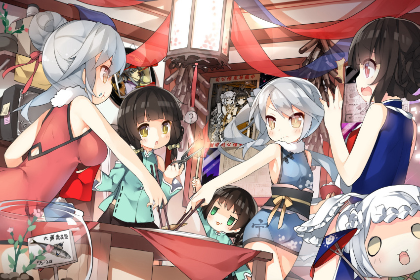 &gt;:( &gt;:3 &gt;:t 6+girls :3 :t ? arm_up aurora_(warship_girls_r) blush breasts brown_eyes brown_hair chao_ho_(warship_girls_r) character_request chinese_clothes chongqing_(warship_girls_r) chopsticks dartboard darts fishbowl food frown green_eyes grey_hair hair_bun hair_ribbon highres holding kaga_(warship_girls_r) low_twintails multiple_girls ning_hai_(warship_girls_r) obi open_mouth orange_eyes picture_(object) ping_hai_(warship_girls_r) ribbon rn saru sash scissors short_twintails side_ponytail solid_circle_eyes solid_oval_eyes spoken_question_mark table tablecloth television torch tray twintails warship_girls_r wavy_mouth yat_sen_(warship_girls_r) yellow_eyes ying_swei_(warship_girls_r)