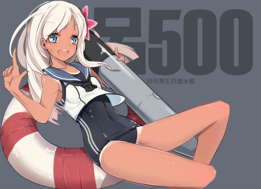 1girl aosora_kamiya bare_legs bare_shoulders blonde_hair blue_eyes character_name hair_ornament kantai_collection open_mouth ro-500_(kantai_collection) school_swimsuit solo swimsuit swimsuit_under_clothes tan tanline torpedo