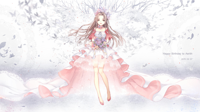 1girl aerith_gainsborough bouquet breasts bridal_veil brown_hair butterfly butterfly_hair_ornament choker cleavage collarbone dress final_fantasy final_fantasy_vii flower grey_eyes hair_flower hair_ornament happy_birthday highres kieta layered_dress long_hair open_mouth pink_dress ribbon_choker short_sleeves smile solo veil very_long_hair white_dress wings