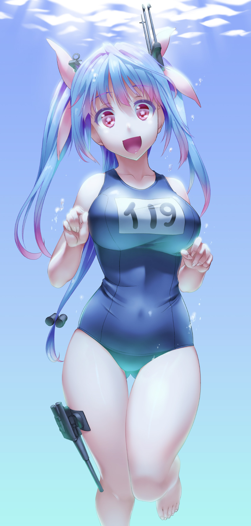 1girl absurdres antennae blue_hair breasts bubble_skirt byeontae_jagga collarbone hair_ribbon highres i-19_(kantai_collection) kantai_collection large_breasts long_hair open_mouth pink_eyes ribbon school_swimsuit smile solo swimsuit symbol-shaped_pupils two_side_up underwater very_long_hair