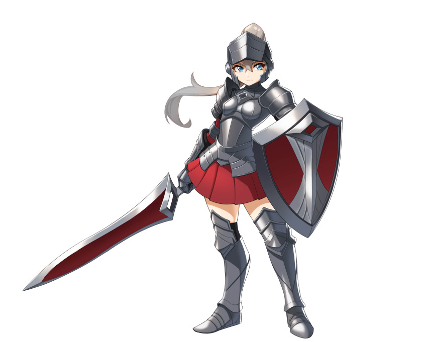 1girl armor bangs blue_eyes boots breastplate full_body gauntlets hair_between_eyes highres holding holding_shield holding_sword holding_weapon knight long_hair looking_at_viewer original pleated_skirt ponytail red_skirt ronapan22_(baekillmong) shield simple_background skirt solo sword thigh-highs thigh_boots weapon white_background