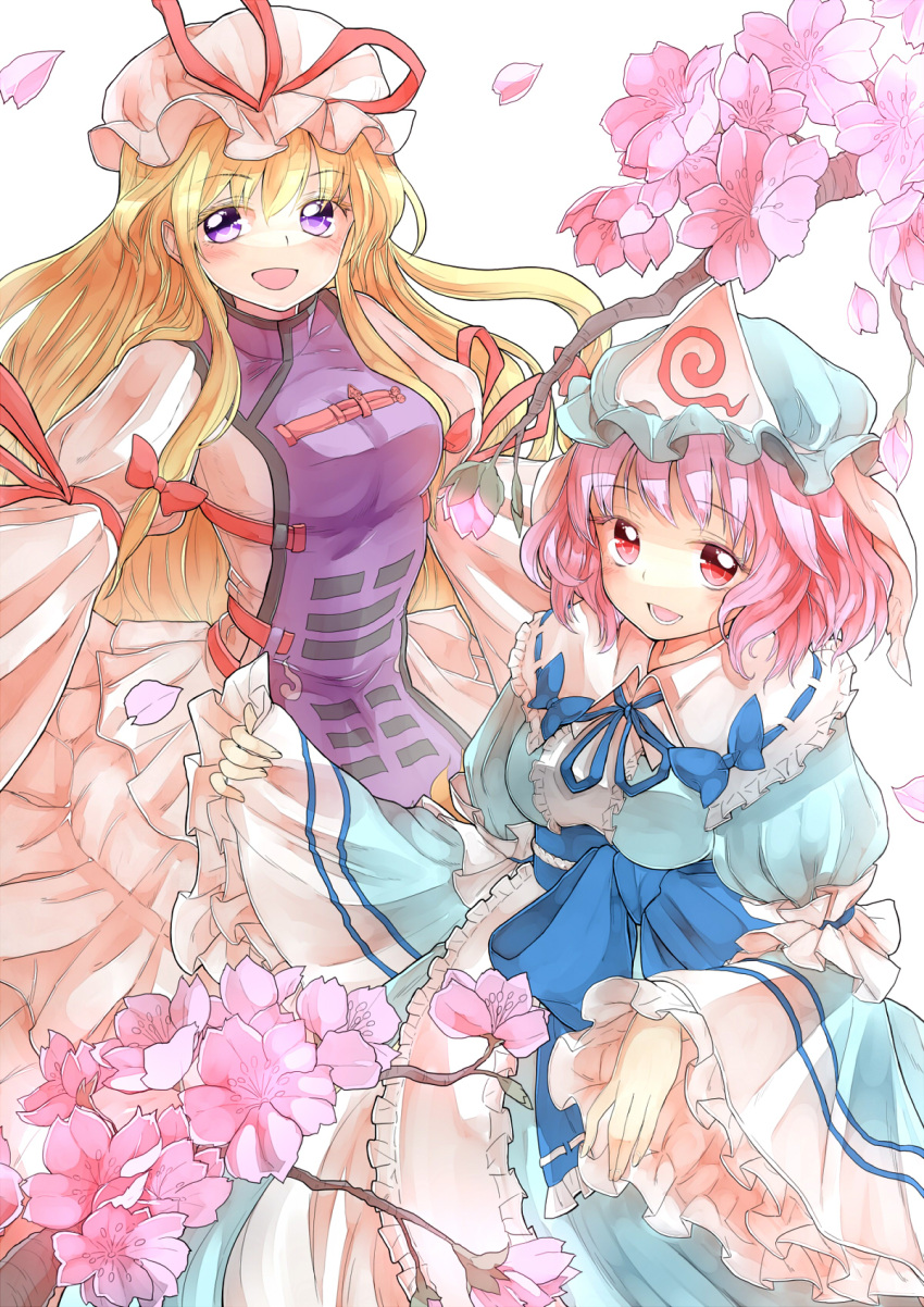 2girls arm_ribbon asuku_(69-1-31) blonde_hair blush bow breasts cherry_blossoms colored dress frilled_dress frilled_kimono frills hair_bow hat hat_ribbon highres japanese_clothes kimono long_hair long_sleeves looking_to_the_side looking_up mob_cap multiple_girls open_mouth petals pink_eyes pink_hair ribbon ribbon-trimmed_collar ribbon_trim saigyouji_yuyuko simple_background smile tabard teeth tongue touhou tree_branch triangular_headpiece violet_eyes white_background white_dress wide_sleeves yakumo_yukari