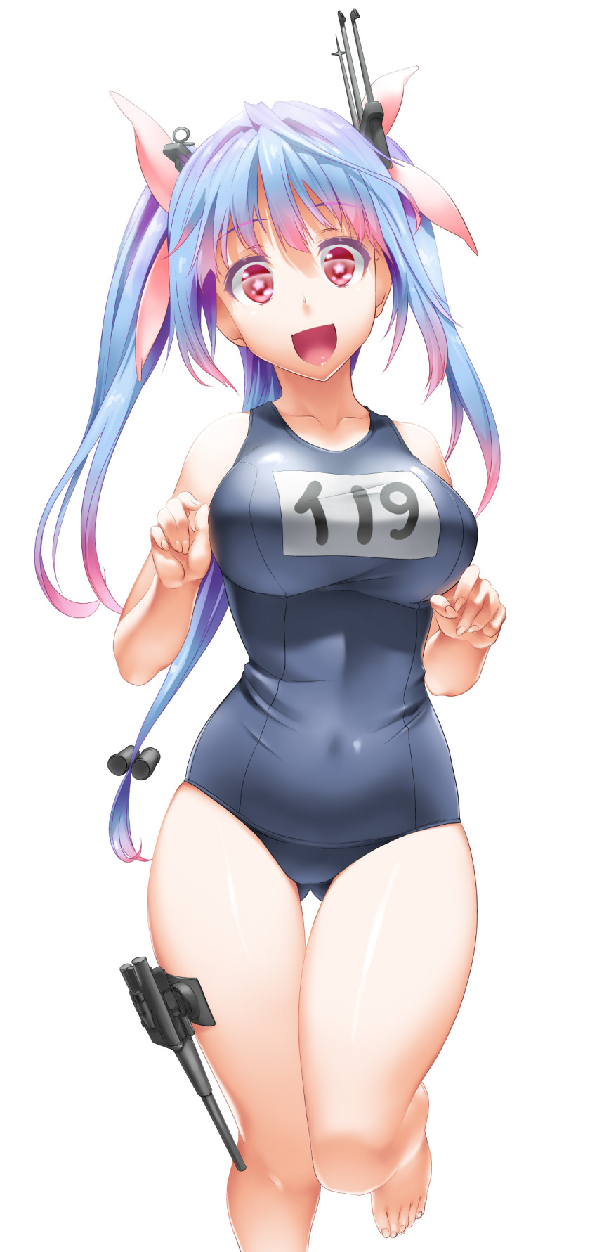 1girl absurdres antennae blue_hair breasts bubble_skirt byeontae_jagga collarbone hair_ribbon highres i-19_(kantai_collection) kantai_collection large_breasts long_hair open_mouth pink_eyes ribbon school_swimsuit smile solo swimsuit symbol-shaped_pupils two_side_up very_long_hair