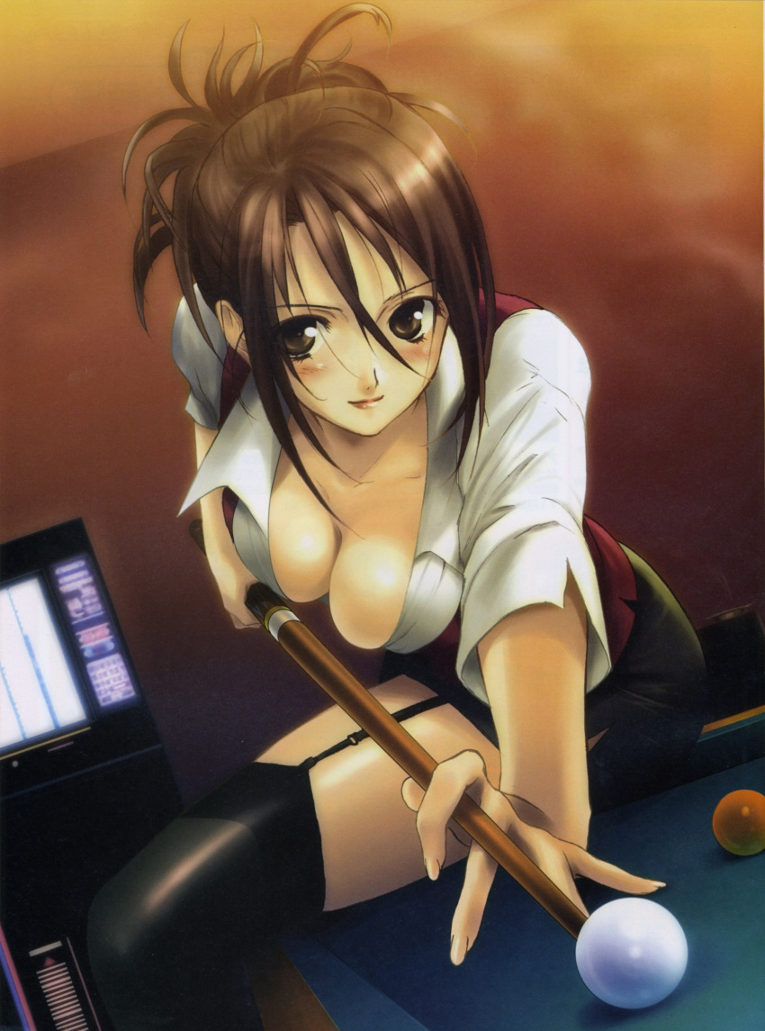 1girl absurdres billiards black_legwear breasts brown_eyes brown_hair cleavage downblouse dutch_angle fingernails garter_straps highres light_smile lipstick looking_at_viewer makeup masaharu outstretched_arm pencil_skirt screen short_hair skindentation skirt solo thigh-highs zettai_ryouiki