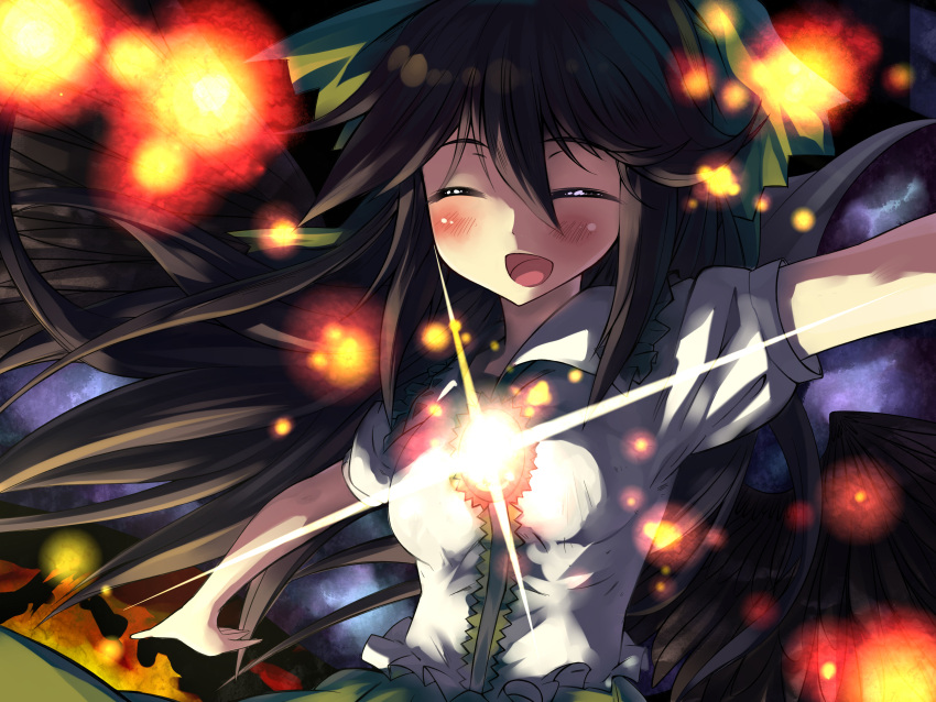 1girl absurdres bird_wings black_wings blush brown_hair bust cape closed_eyes glowing glowing_eye happy highres long_hair open_mouth outstretched_arms puffy_short_sleeves puffy_sleeves reiuji_utsuho shirt short_sleeves skirt smile solo space third_eye touhou very_long_hair volcano_(liao) wings