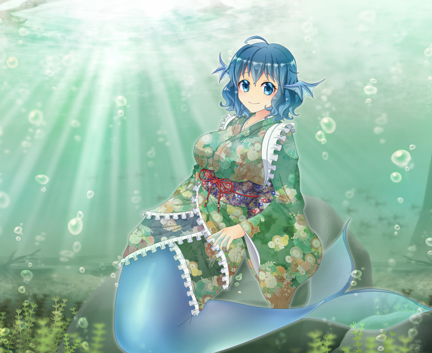 1girl blue_eyes blue_hair blue_nails breasts bubble floral_print future_wksg head_fins highres japanese_clothes kimono large_breasts mermaid monster_girl nail_polish obi sash smile solo sunlight touhou underwater wakasagihime