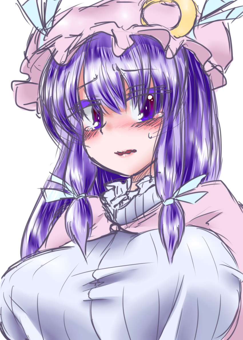 1girl absurdres blush breasts bust colored_eyelashes crescent_hair_ornament eko_(yu-shao-eko) embarrassed hair_ornament highres huge_breasts long_hair looking_at_viewer mob_cap patchouli_knowledge purple_hair simple_background solo tears touhou violet_eyes wavy_mouth white_background
