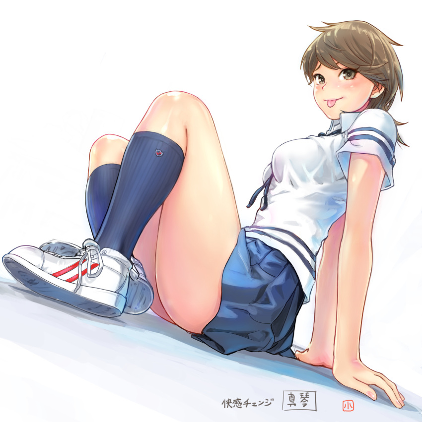 1girl :p arm_support breasts brown_eyes brown_hair carina_(xiaowoo) dutch_angle highres kneehighs original school_uniform shoes sitting skirt sneakers solo tongue tongue_out